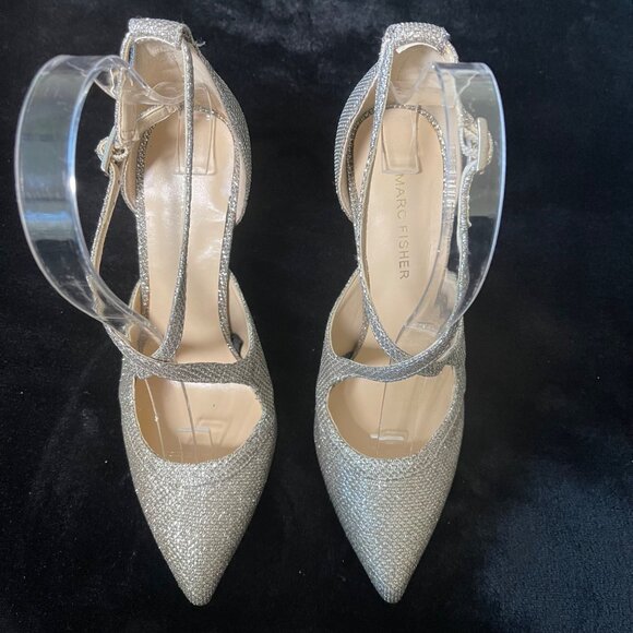 Marc Fisher Nagida Silver Sparkly Heels Women 6M Pointed Toe Stiletto Dress Shoe - Picture 1 of 16